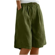 Besolor Womens Cotton Linen Bermuda Shorts Casual Loose Elastic Waist Plus Size Knee Length Beach Shorts with Pockets